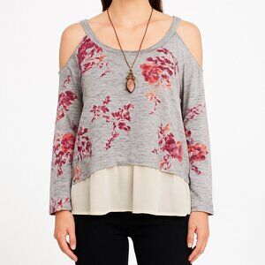 Womens L Floral Cold Shoulder Layered‎ Hem Blouse Top Gray Pink Romantic Boho